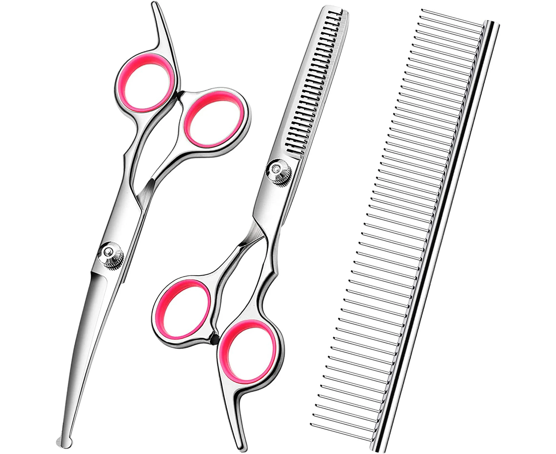 Dog Grooming Scissors Kit with Safety Round Tips Stainless Steel Professional Dog Grooming Shears Set - Thinning, Curved Scissors and Comb for Dog Cat