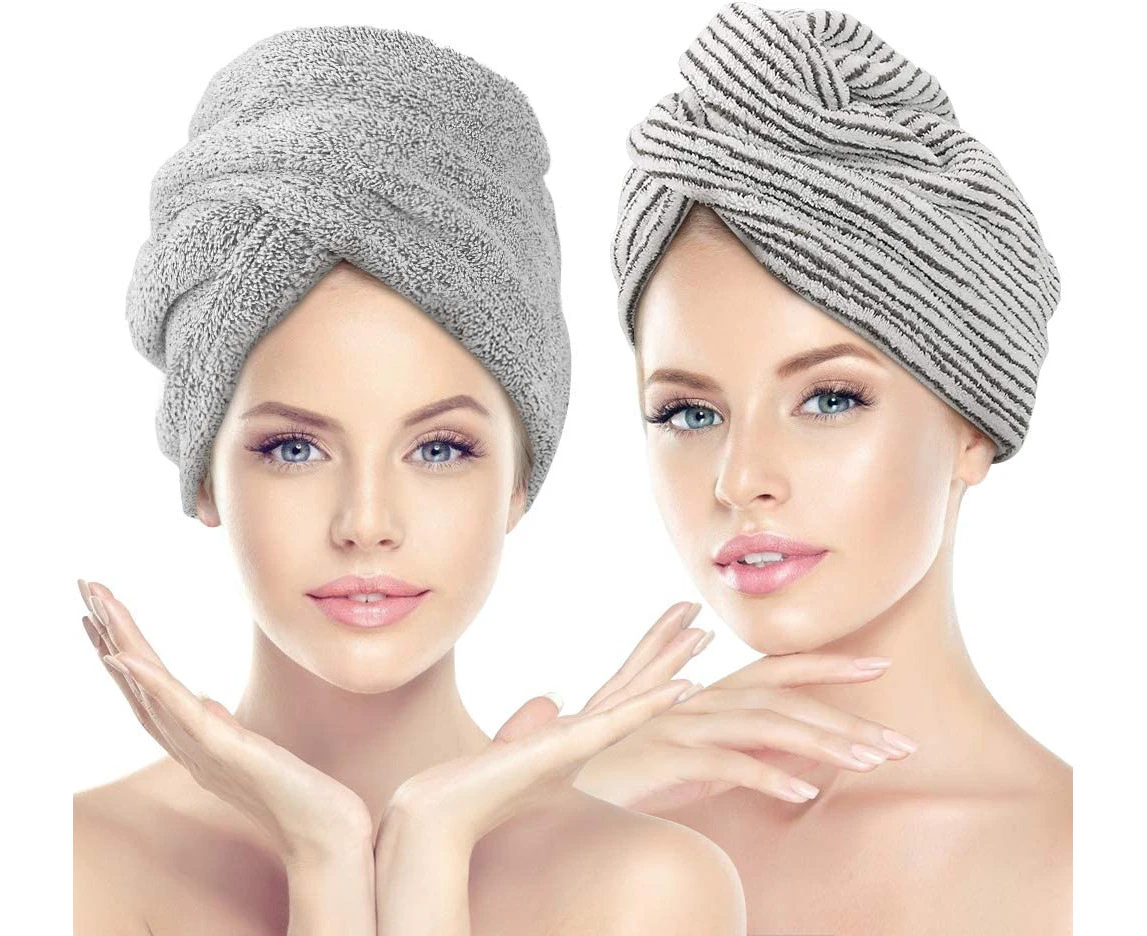 Turban Towel 2 Pieces Thickened Wrap Turban Hair Drying Towel Head Towel with Button Super Absorbent Microfiber Quick Drying, For All Hair Types, 65 *