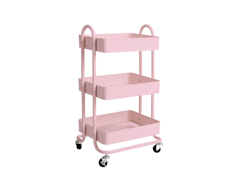 3 Tiers Kitchen Trolley Cart Steel Storage Rack Shelf Organiser Pink