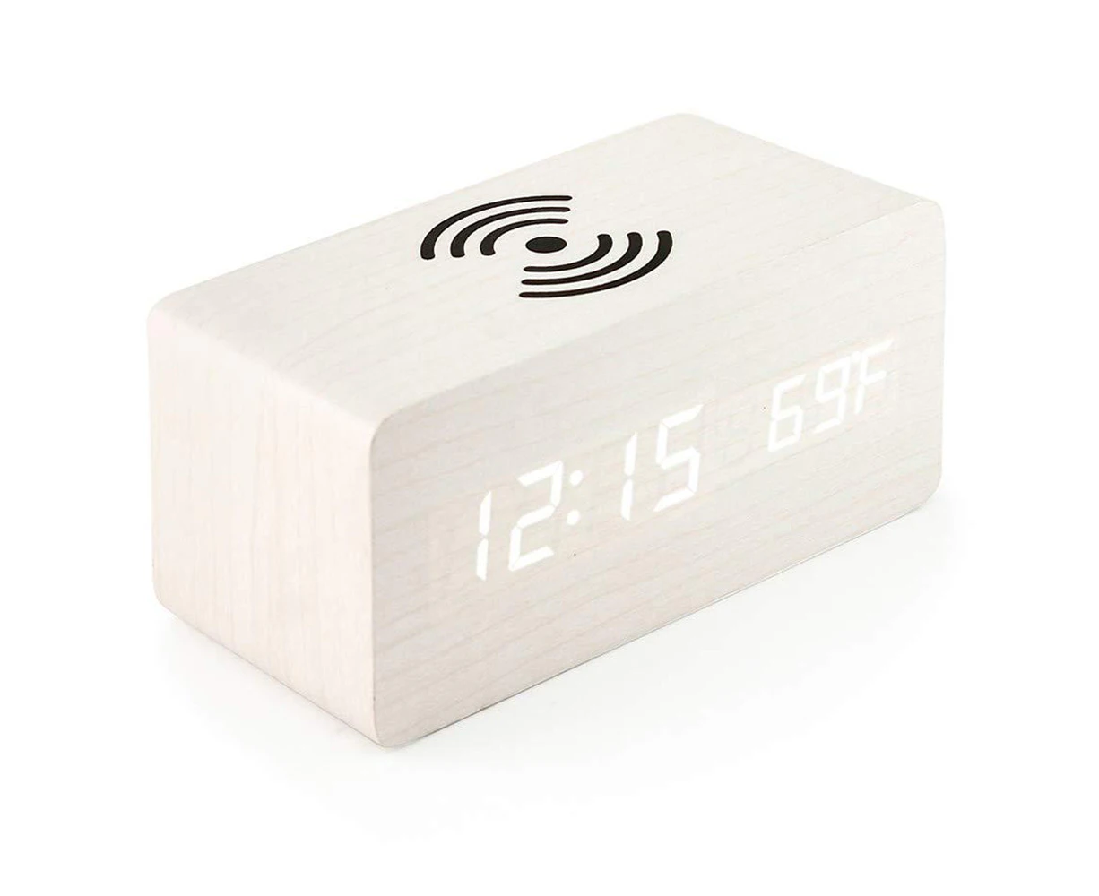 LED wooden digital electronic alarm clock charging clock bedside wireless charging digital wooden clock white