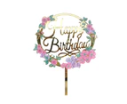 Gold Cake Topper Acrylic Happy Birthday Flower Dessert Toppers