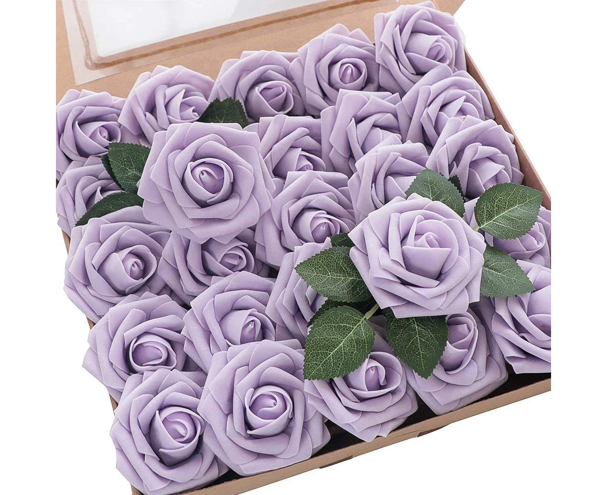 Artificial Flowers 25pcs Fake Roses with Stems and 2 leaves for DIY Wedding Bouquets Party Decor Light purple