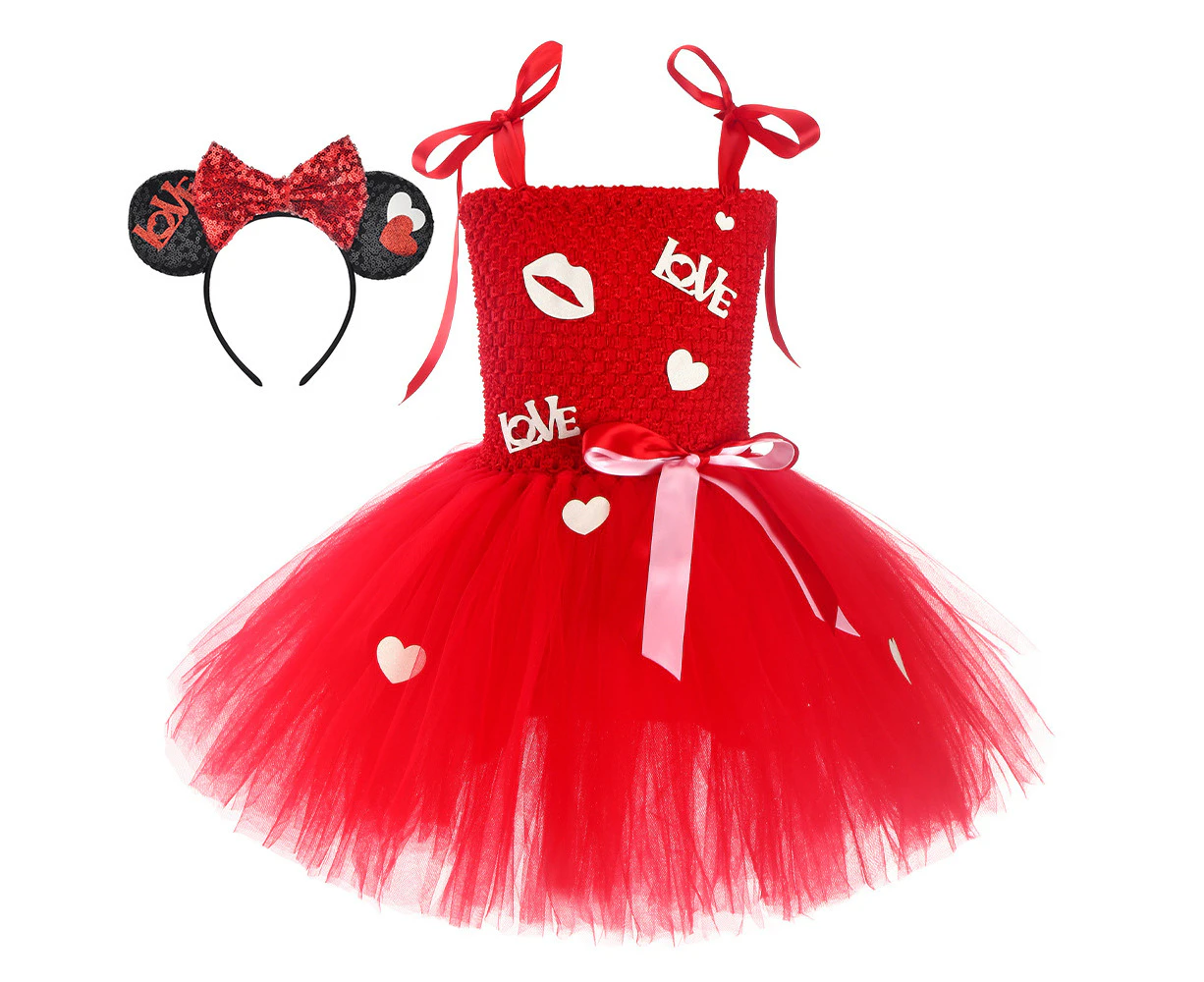 Tutu Princess Red Minnie Heart Dress Love Mesh Dress for 1-12Y Girls With Black Headband - Black red