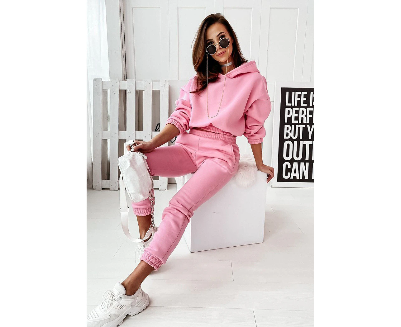 Women's 2 Piece Outfits Long Sleeve Hoodie Sweatshirts and Long Pant Tracksuits-Pink