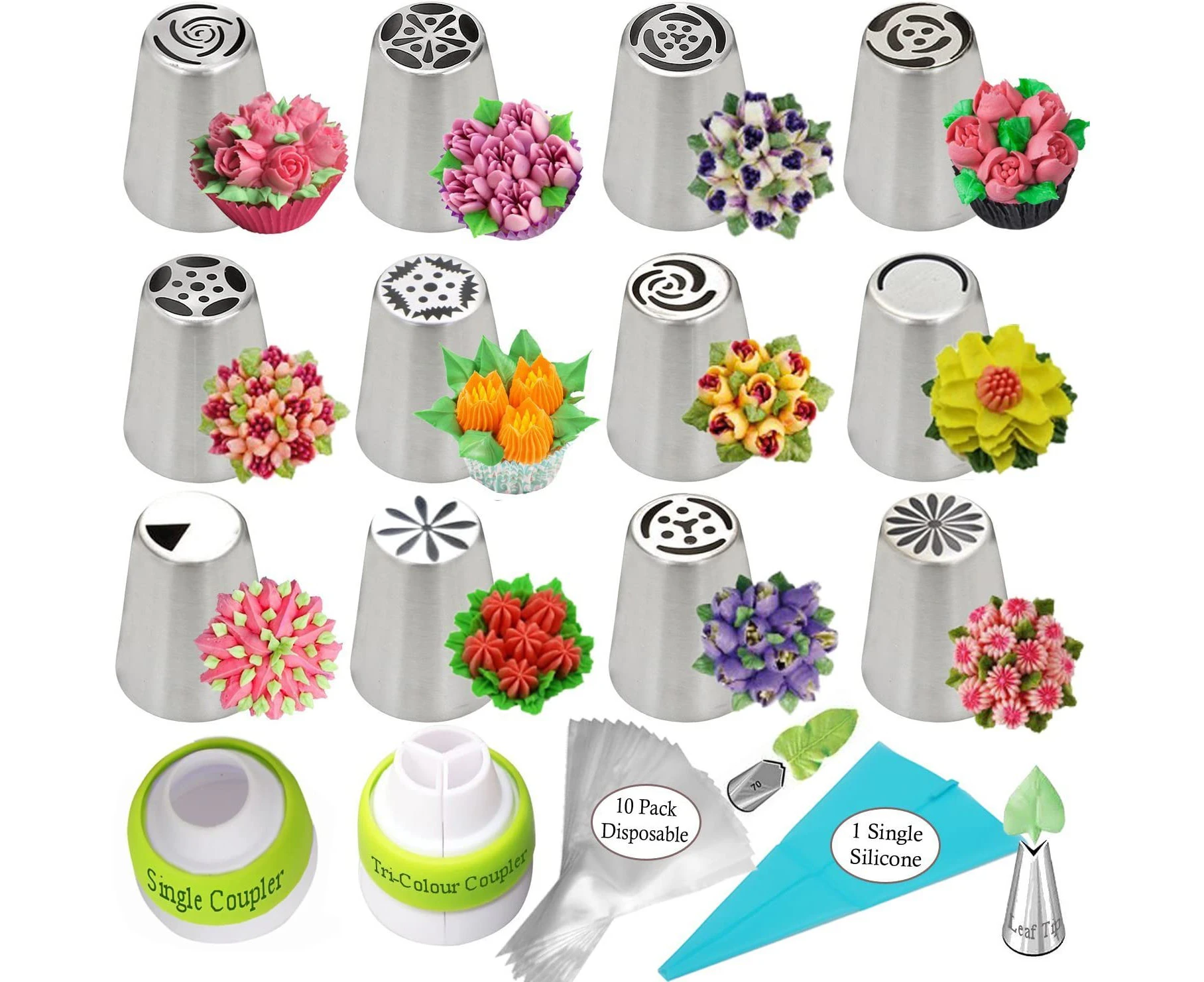 Russian Piping Tips Set Cake Decorating Supplies Kit Flower Frosting tips Set 12 Icing Nozzles 2 Couplers 2 Leaf Tips 1 Silicone Bag 10 Pastry Baking Bags