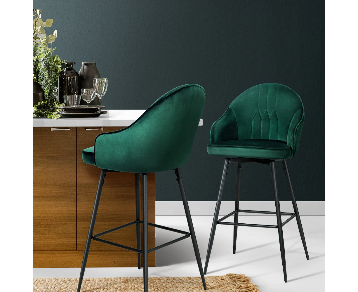 Set of 2 Bar Stools Kitchen Stool Dining Chairs Velvet Chair Barstool Green Mesial