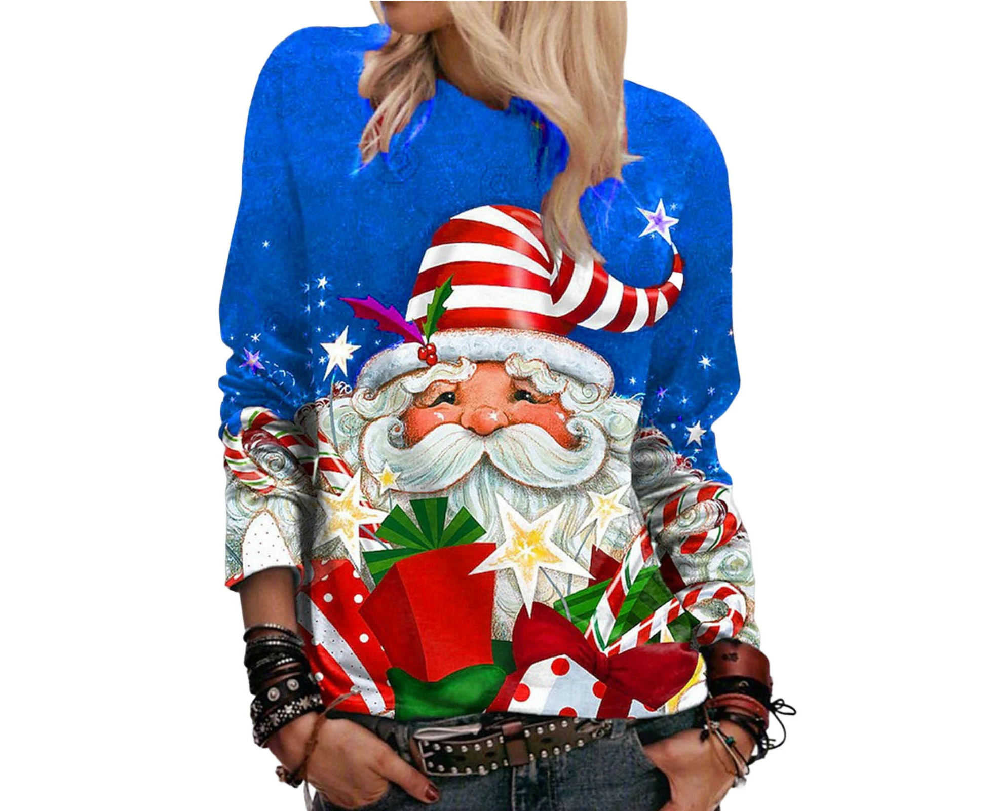 Women Christmas Sweatshirt Santa Print Christmas Pattern Crew Neck Long Sleeves Colorful Warm Mid Length Gift Box Lady Xmas T-shirt for Party - Blue