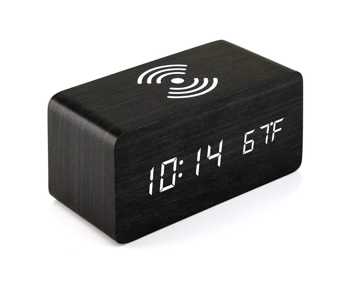 LED wooden digital electronic alarm clock charging clock bedside wireless charging digital wooden clock black