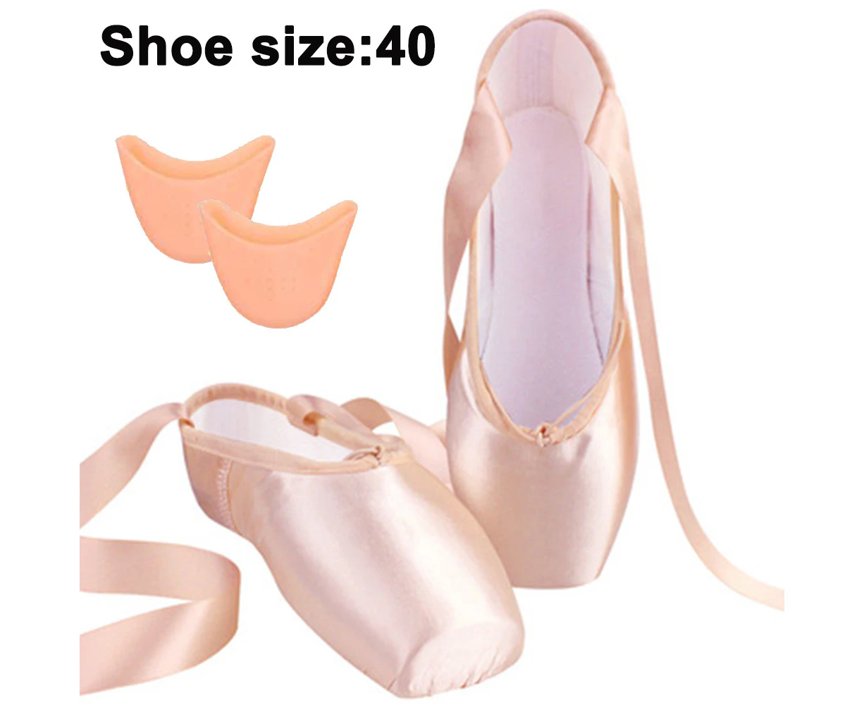 Ballet Pointe Shoes Girls Women Ribbon Ballerina Shoes With Toe Pads,Flesh Pink, 40