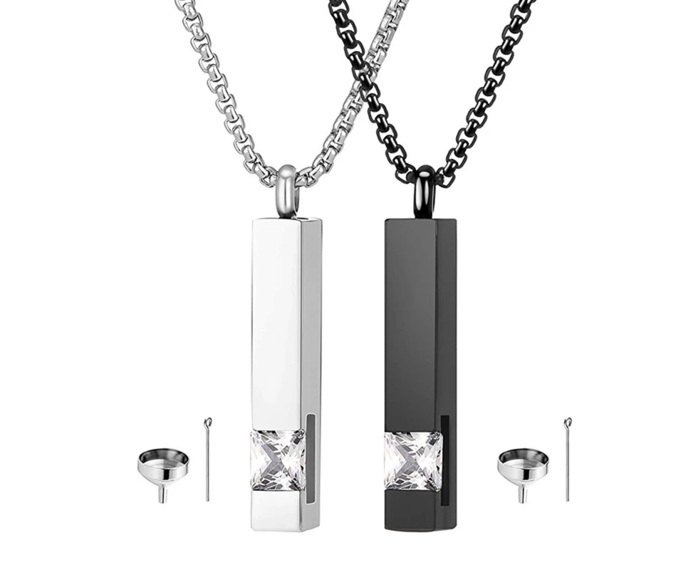 2Pcs Crystal Silver Cremation Necklace for Ashes Cube Zircon Urns Memorial Ashes Necklace Pendant Keepsake Cremation