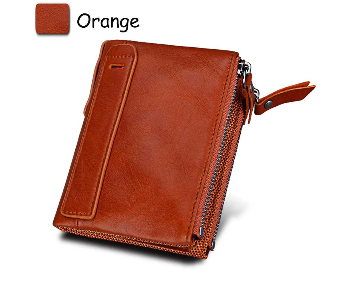 Genuine Cow Leather Men Wallets RFID Double Zipper Card Holder High Quality Male Wallets Purse Vintage Coin Holder Men Wallets—Orange