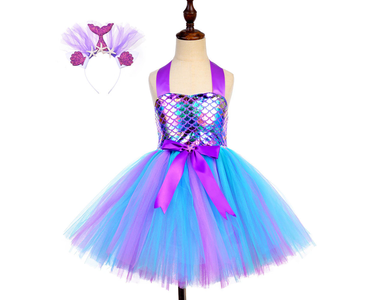 Mermaid Dress for Girls with Headband Birthday Dress Up Clothes Purple - Purple