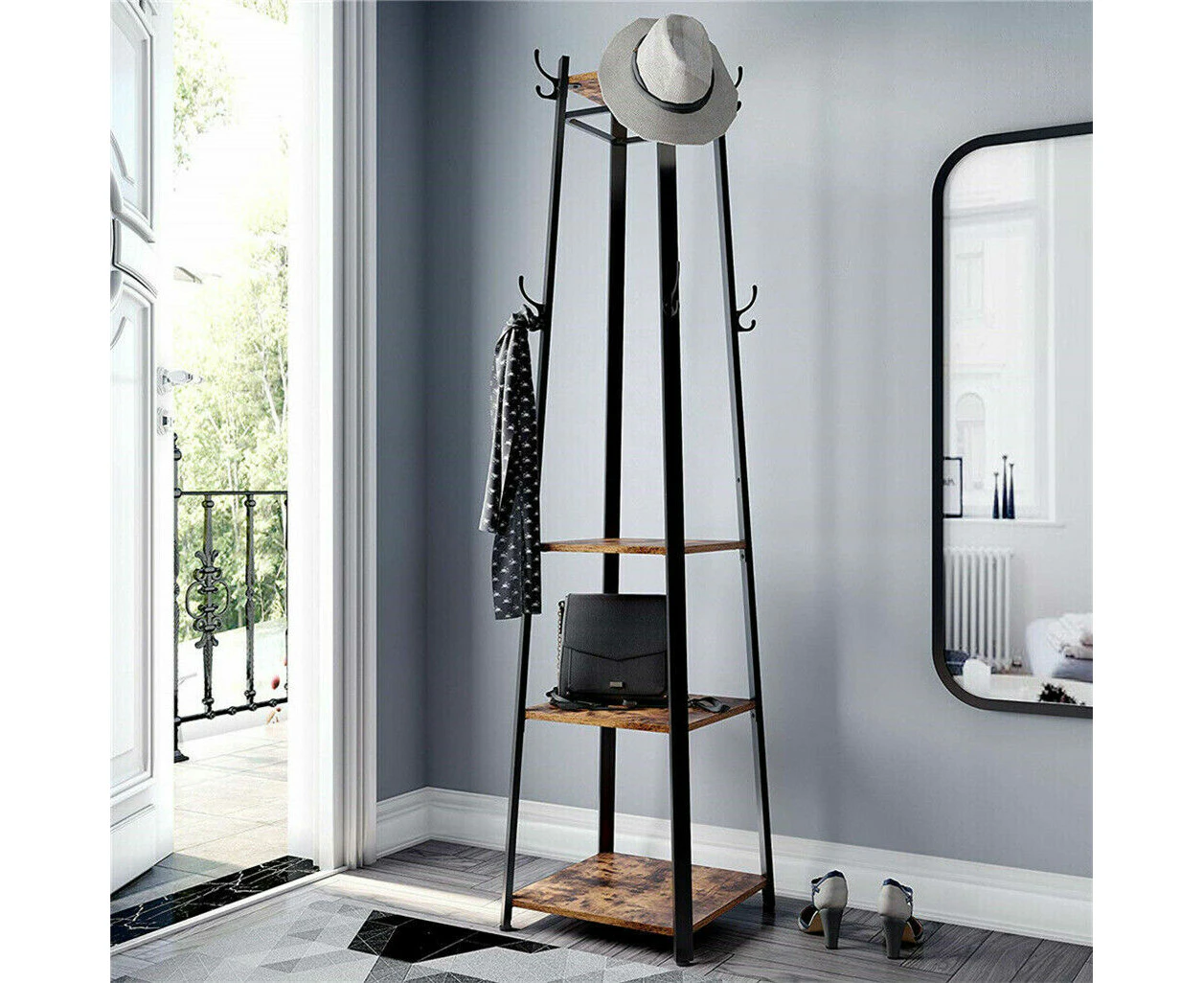 Heavy Duty Hall Tree Hat and Coat Stand with Shelves Hooks