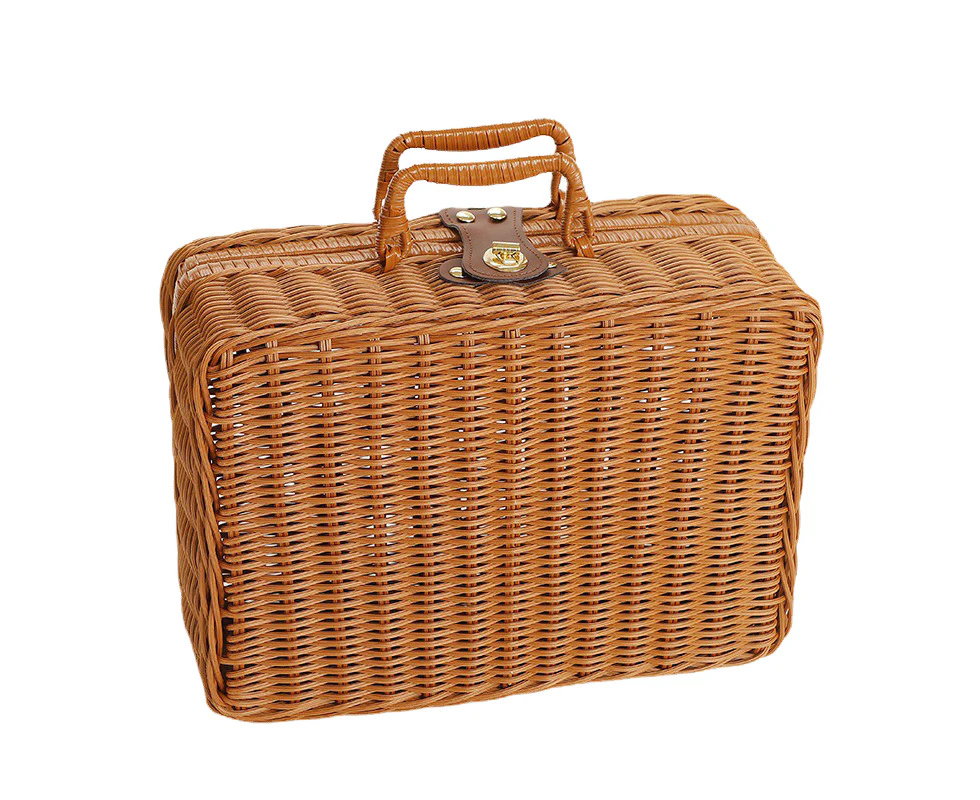 Woven Picnic Box Plastic Rattan Odorless Retro Woven Storage Box With Ring Shaped Handle For Outdoor Wood Color L