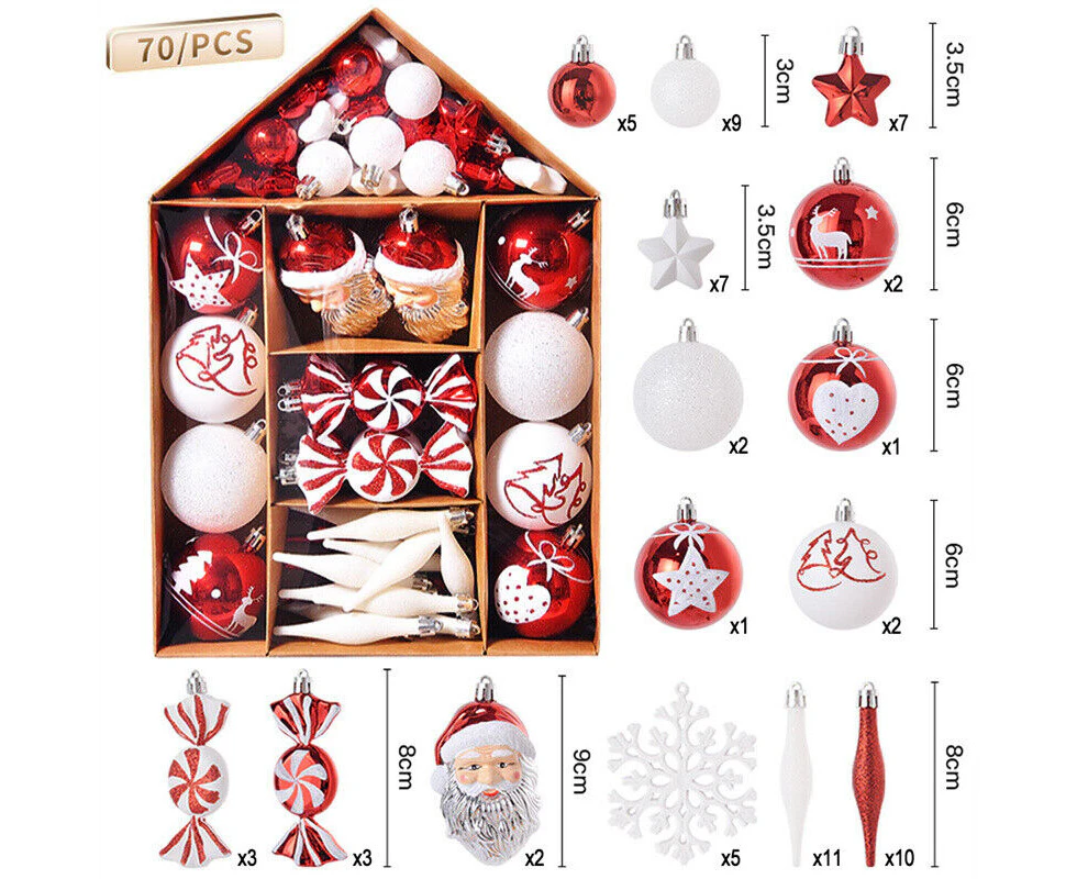 70Pcs Red & White Christmas Tree Xmas Balls Decorations Glitter Baubles Party Wedding Ornament