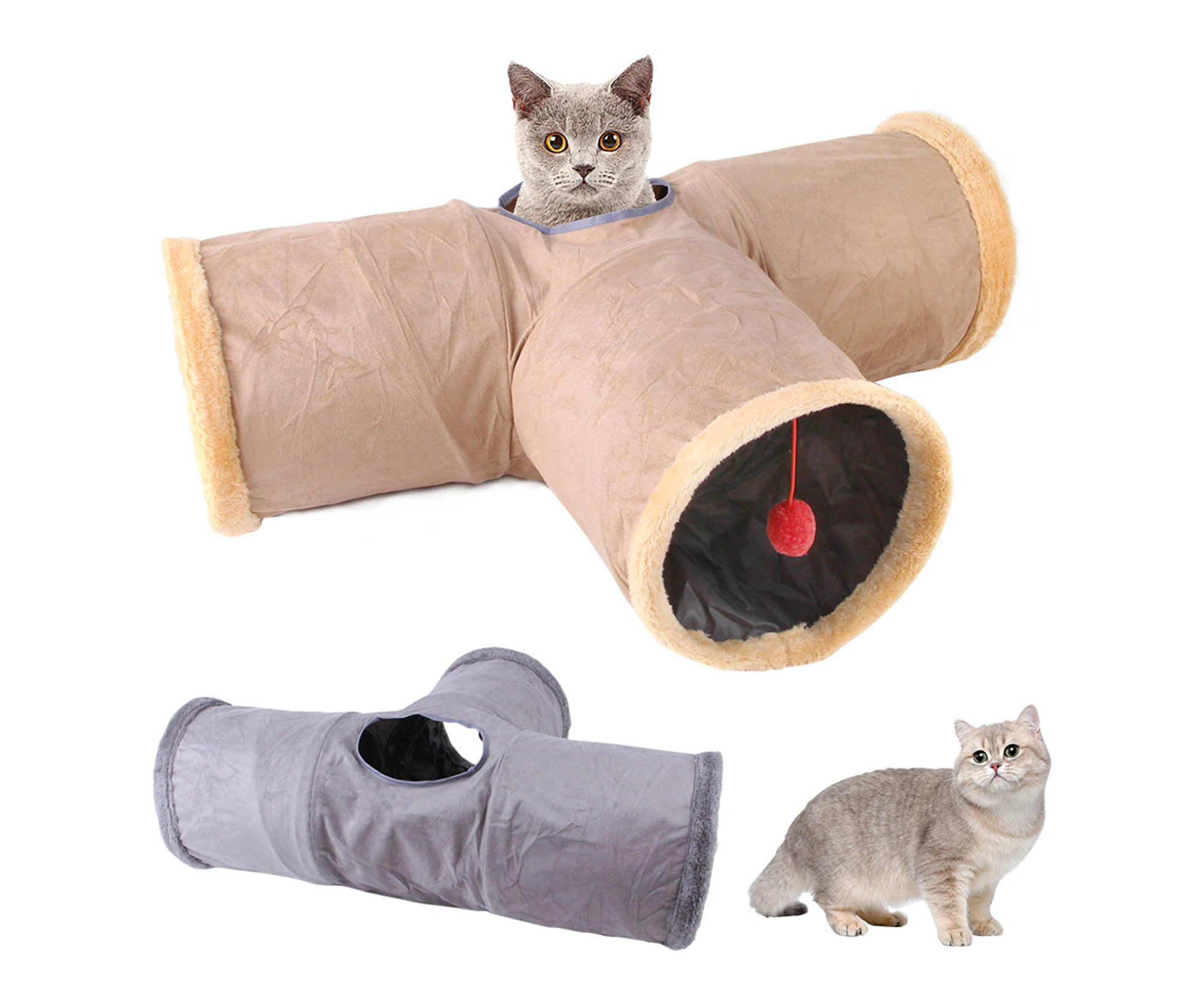 Leiou Pet Tunnel Toy with Plush Ball Resting and Playing Collapsible Kitty Tunnel Bed Cat Toy Pet Supplies-Grey