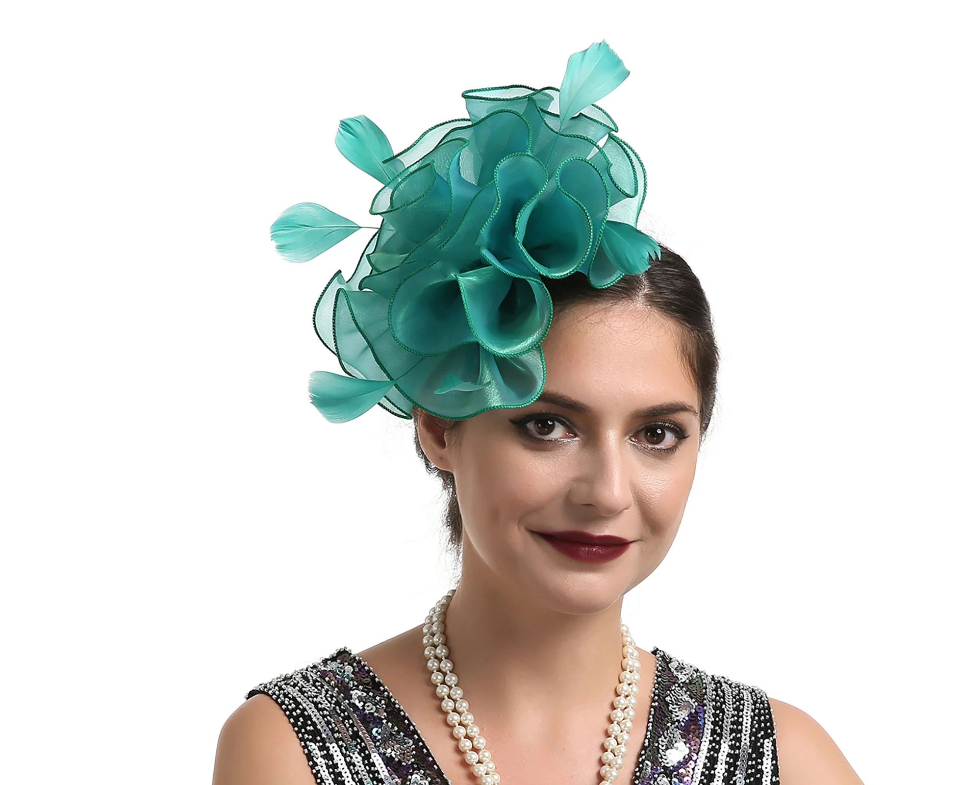 Faux Feather Mini Fascinator Hat Net Yarn Flower Shape Solid Color Cocktail Headwear Hair Accessories - Green