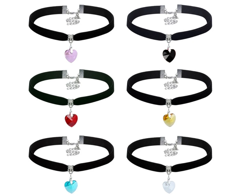 6pcs Retro Vintage Gothic Chocker Harajuku Love Heart Chokers Goth Black Velvet Crystal Heart Pendant Choker Necklace