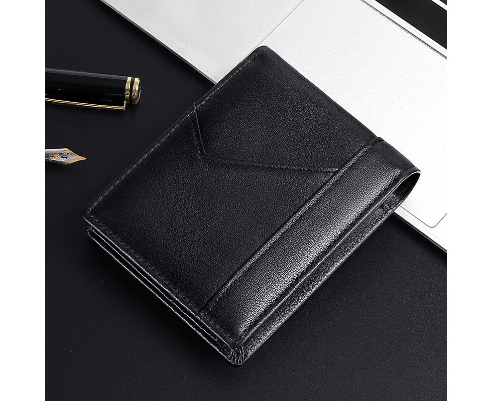 GENODERN New Genuine Leather Men's Wallet Anti RFID European & American Retro Oil Wallet for Men Bifold Male Purse—Black