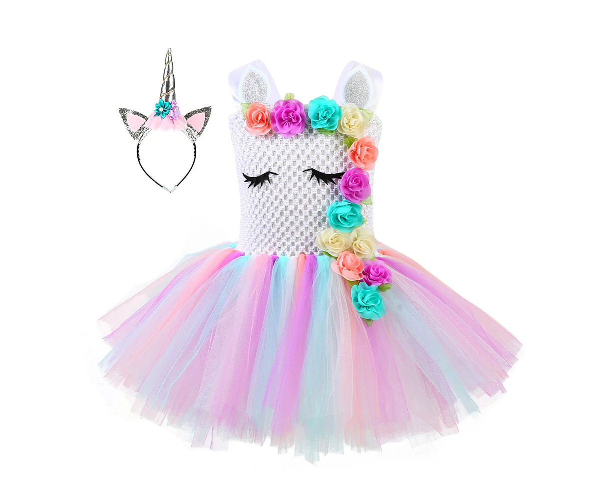 Unicorn Flower Princess Girl Dress Tulle Tutu Dresses 1-8 Years Silver - Silver