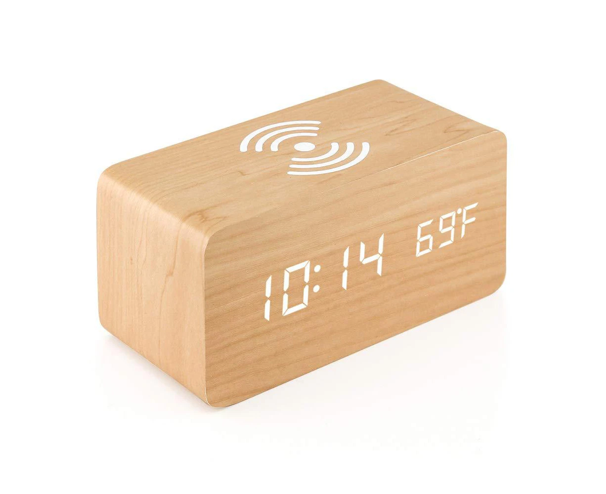 Wooden Digital Alarm Clock with Wireless Charging, 3 Alarms LED Display, Sound Control and Snooze Dual for Bedroom, Bedside, Office bamboo