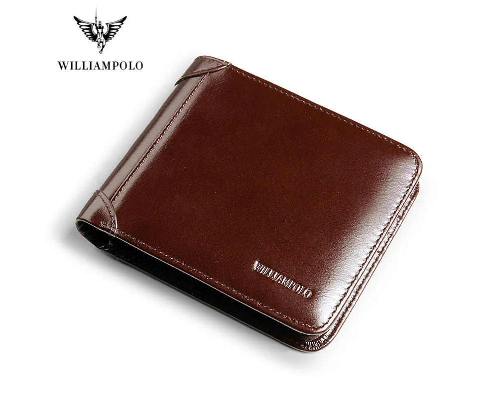 WILLIAMPOLO Genuine Leather Wallets Men Wallet Credit Business Card Holders Vintage Brown Leather Wallet Purses High Quality—Brown