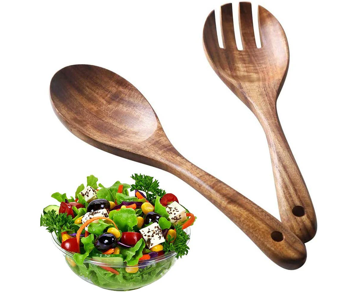 Set Of 2 Wooden Salad Servers, Wooden Salad Servers, Salad Spoons, Eco-Friendly Reusable Retro Wooden Utensils, Wooden Spatula Spoons