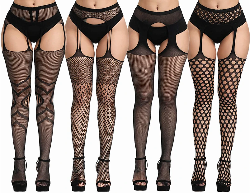 Plus Size Fishnet Stockings, Black Fishnets Tights Thigh High Stockings Suspender Pantyhose 4 Pack -Green - Green