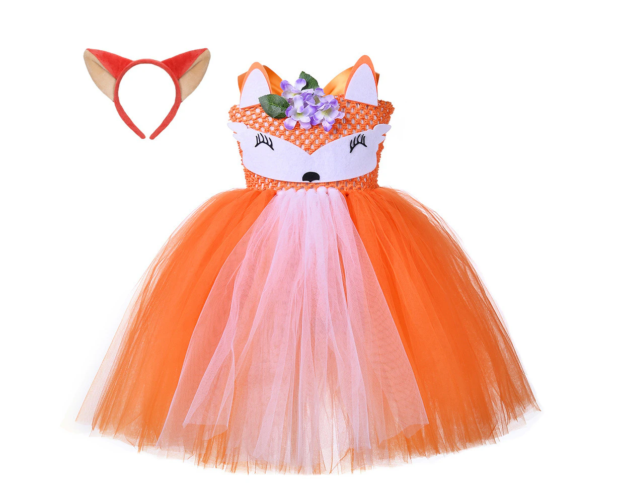 Crazy Animal Fox Tutu Dress for Girls Birthday Party Outfit with Headband Orange