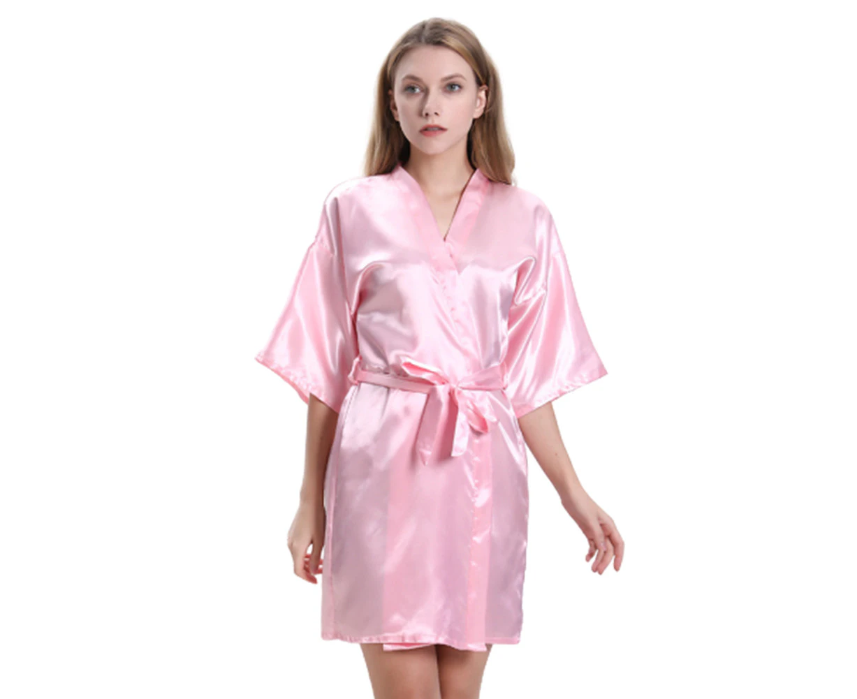 Bestjia Women Summer Solid Color Ice Silk Midi Dress Bath Robe Waist Belt Sleepwear - Pink