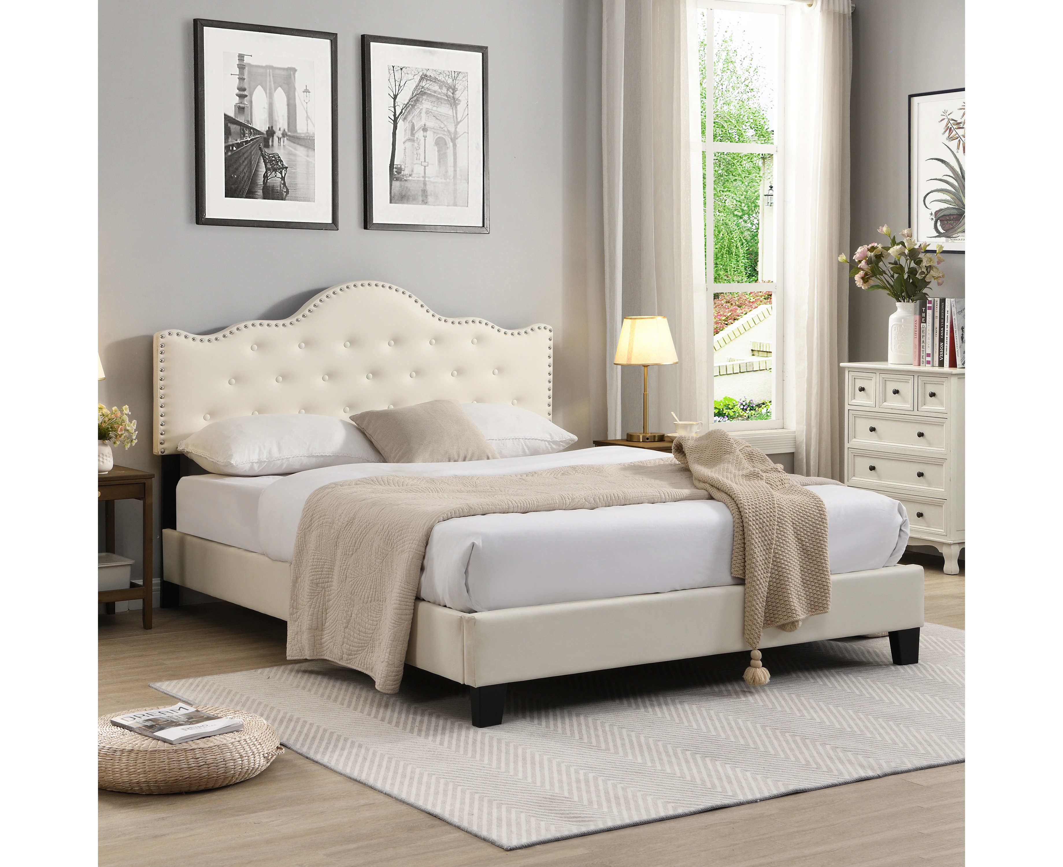 IHOMDEC Upholstered Button Tufted Double Bed Frame BEF05 Beige - Beige