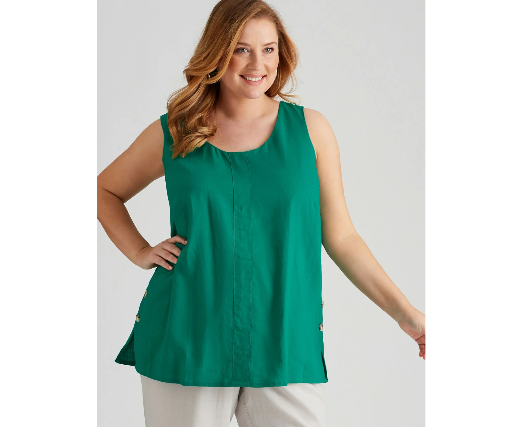 AUTOGRAPH - Plus Size - Womens Tops -  Woven Button Trim Shell Top - Emerald