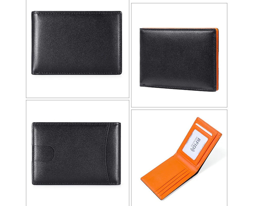 Men's Genuine Leather Business Wallet Credit Card Holder Man RFID Blocking Anti Theft Ultra Thin Mini Wallet for Men—Orange