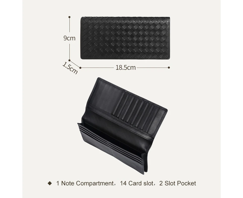 BV Men Long Wallet Leather Luxury Brand 100% Baby Cow Leather Woven Clutch Bag Fashion Simple Business billfold  Ultra-Thin New—Black