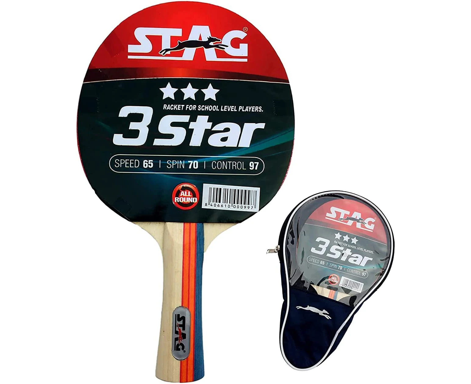 Stag 3 Star Table Tennis Racquet(Multi- Colour, 148 Grams, Beginner)