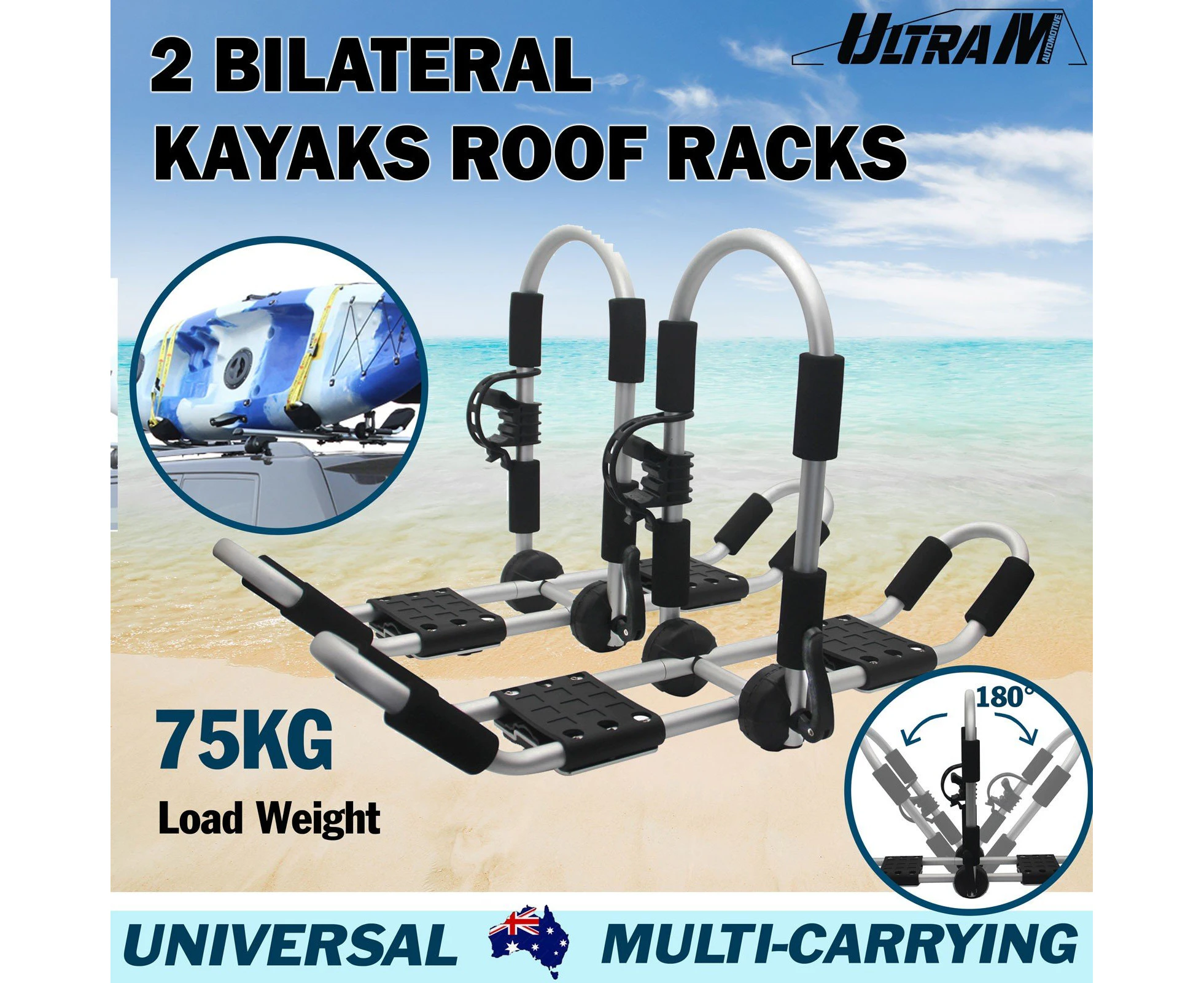 UltraMotor Universal Folding Aluminum 2 Bilateral J-Bar Canoe Carrier Kayak Rack