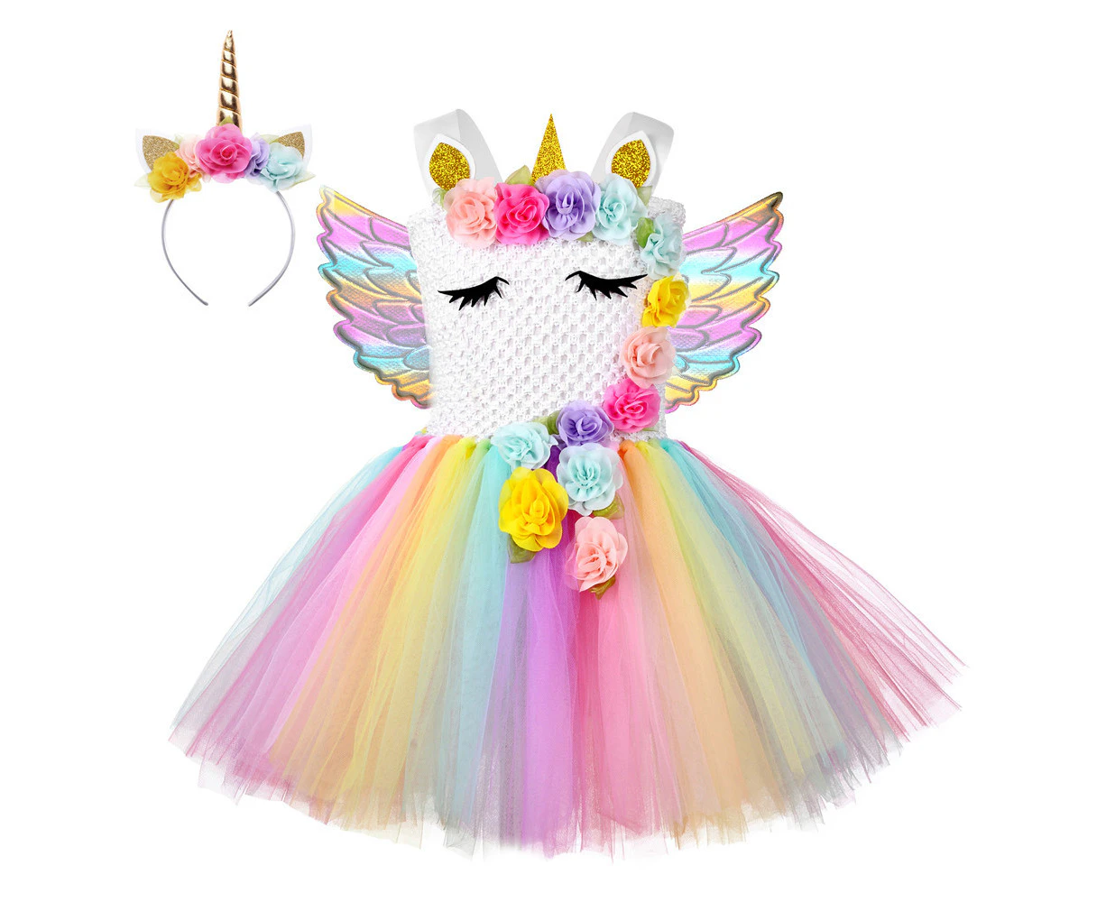 3pcs Sequin Little Child Pony Dress Unicorn Dress with Wings Headband Candy Flowers