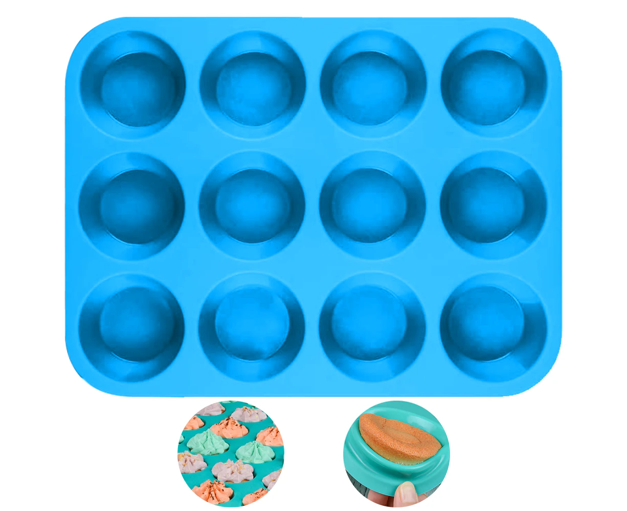 Silicone Muffin Tin for 12 Muffins Non-stick Coated, Suitable for Cupcakes, Brownies, Cakes, Pudding Blue Ect