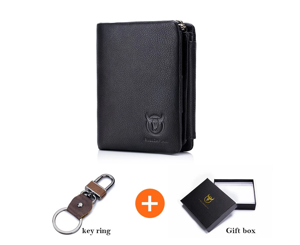 BULLCAPTAIN Brand Leather RFID Retro Wallet Men's Small Zipper Wallet Card Bag Men's Wallet Clutch—Black