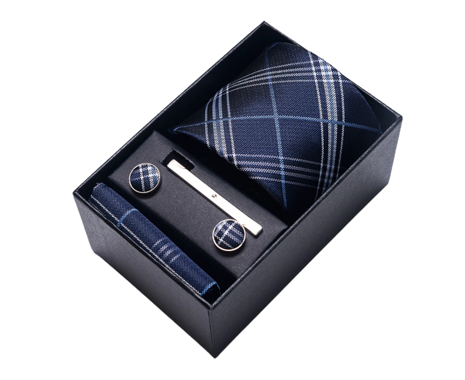 Nirvana 4Pcs/Set Smooth Texture Luxury Exquisite Gift Box Tie Men Business Jacquard Print Tie Cufflinks Square Scarf Clip Set- O