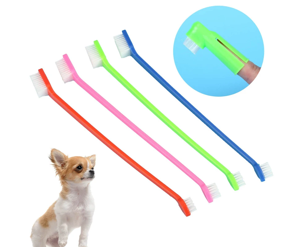 3x Pet Toothbrush Set Long Handled Dual Headed Toothbrush and Finger Toothbrush Teeth Care Grooming Tool Set