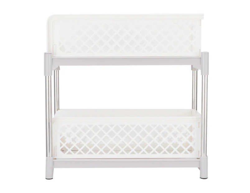 2-Layer Bathroom Sliding Basket Storage Cabinet Organizer With Pull Out Drawers White