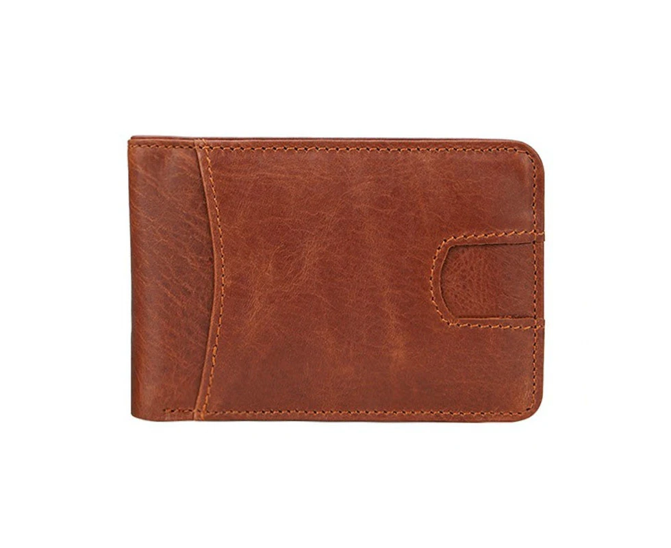 GENODERN Slim Wallets for Men Crazy Horse Cow Leather Short Mini Men Wallet Thin Male Purse—Brown