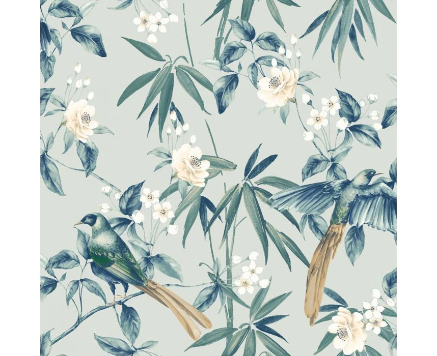 Arthouse Oriental Floral Birds Wallpaper Grey/Blue