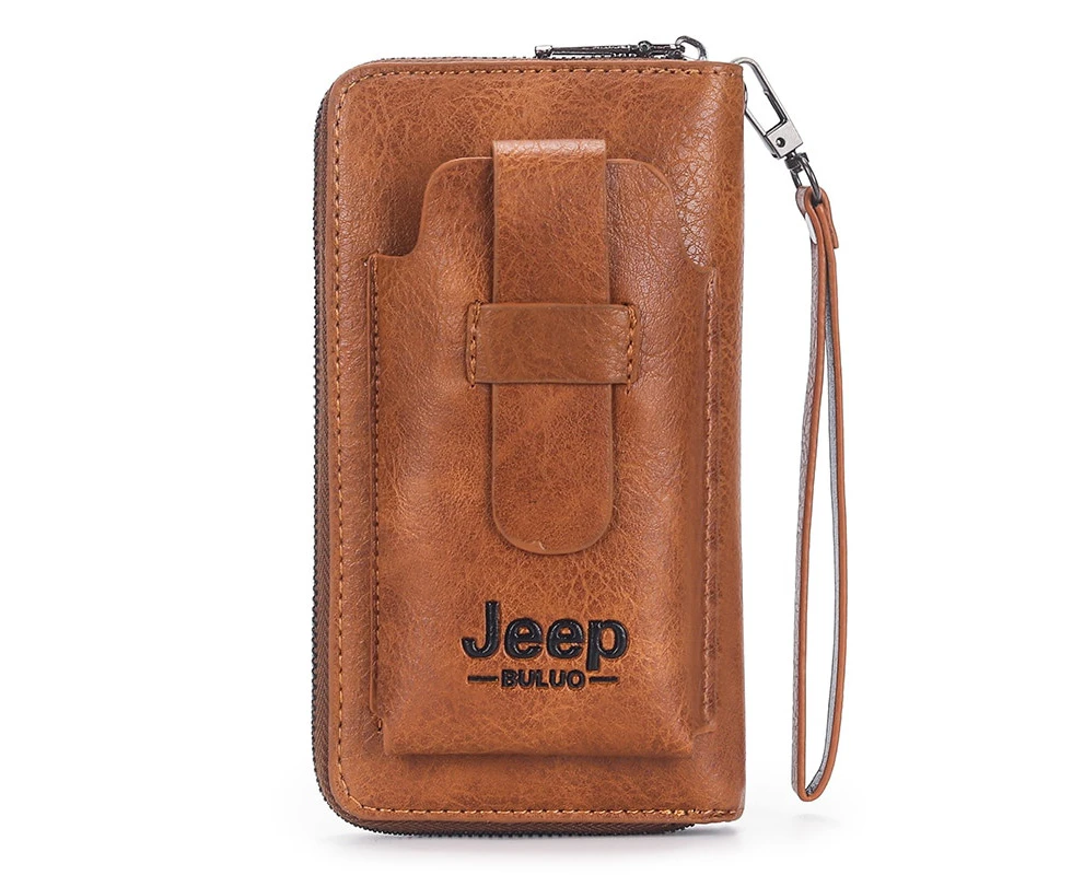 JEEP BULUO famous brand Clutch Wallet Brand Purse For Phone Double Zipper Luxury Wallet Leather Clutch Bag Large Capacity—Orange