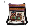 Bestjia Colorful Linen Cartoon Owl Embroidery Shoulder Bag Zipper Women Crossbody Pouch - 1#