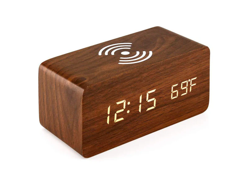 LED wooden digital electronic alarm clock charging clock bedside wireless charging digital wooden clock red