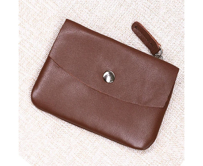 Genuine Leather Wallet For Men Women Short Small Slim Mini Women's Coin Purse Men's Wallets Card Holder  With Zipper Coin Pocket—Brown