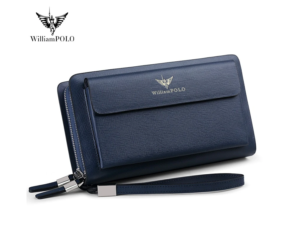 WILLIAMPOLO Luxury Men's Leather Clutch Bag Large Capacity Long Wallets High Quality Cowhide Clutch Wallets Fashion Hand bag—Blue