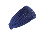 puluofuh Good Stretchy Solid Color Women Headband Skin-touch Wide Rhinestone Bandeau Hairband Hair Accessories-Navy Blue